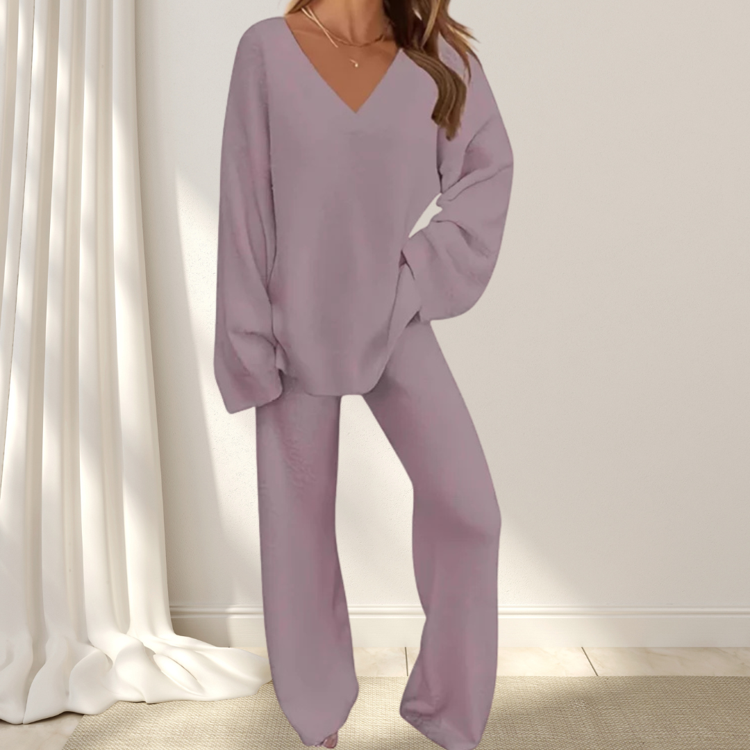 Roselane™ - Zestaw Damski z Bluzką z Dekoltem w Serek i Długimi Spodniami