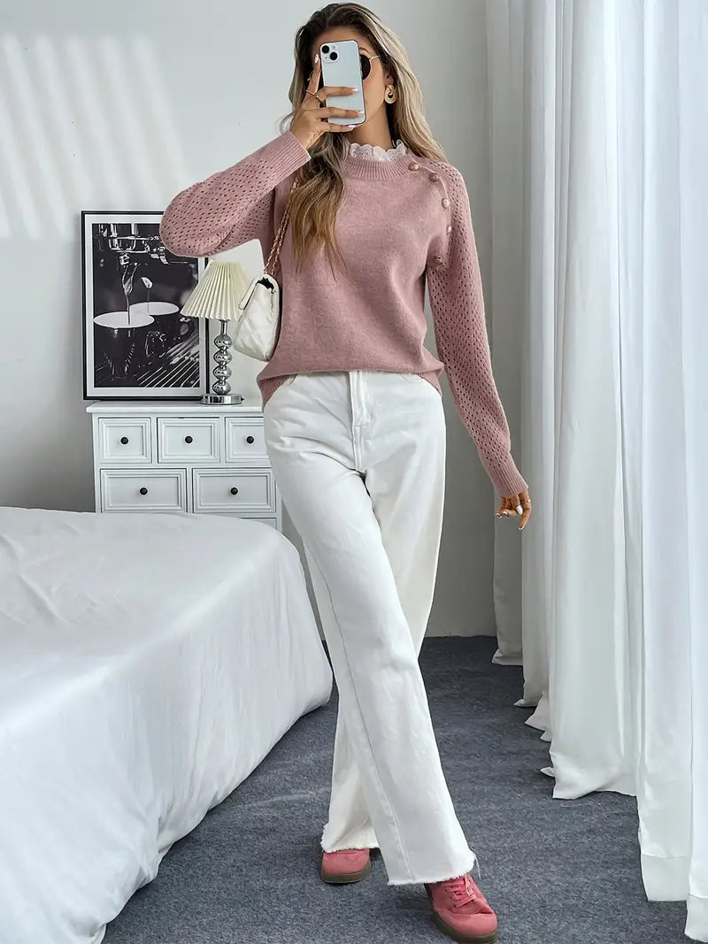 Crelace™ - Stylowy Sweter z Dzianiny z Koronką i Okrągłym Dekoltem