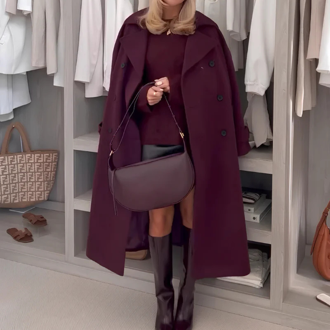 Merone™ - Elegancki Klasyczny Płaszcz w Kolorze Bordowym