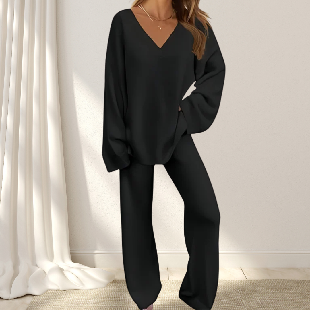 Roselane™ - Zestaw Damski z Bluzką z Dekoltem w Serek i Długimi Spodniami