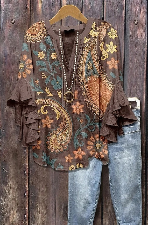 Gaja™ - Bluzka w kwiatowy wzór z marszczonymi rękawami