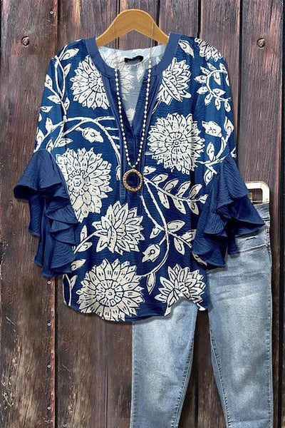 Gaja™ - Bluzka w kwiatowy wzór z marszczonymi rękawami