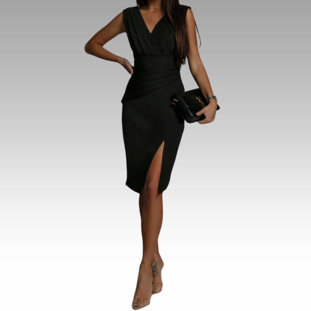 Regalia™ – Elegancka Dopasowana Sukienka z Dekoltem w Szpic i Rozcięciem