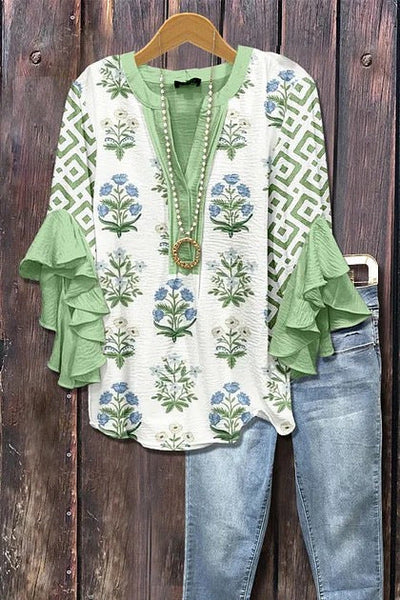 Gaja™ - Bluzka w kwiatowy wzór z marszczonymi rękawami