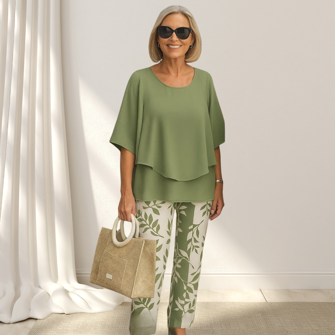 Casira™ – Zestaw Casualowy z Wzorzystymi Spodniami i Bluzką z Okrągłym Dekoltem Dla Kobiet