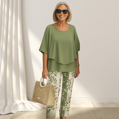 Casira™ – Zestaw Casualowy z Wzorzystymi Spodniami i Bluzką z Okrągłym Dekoltem Dla Kobiet