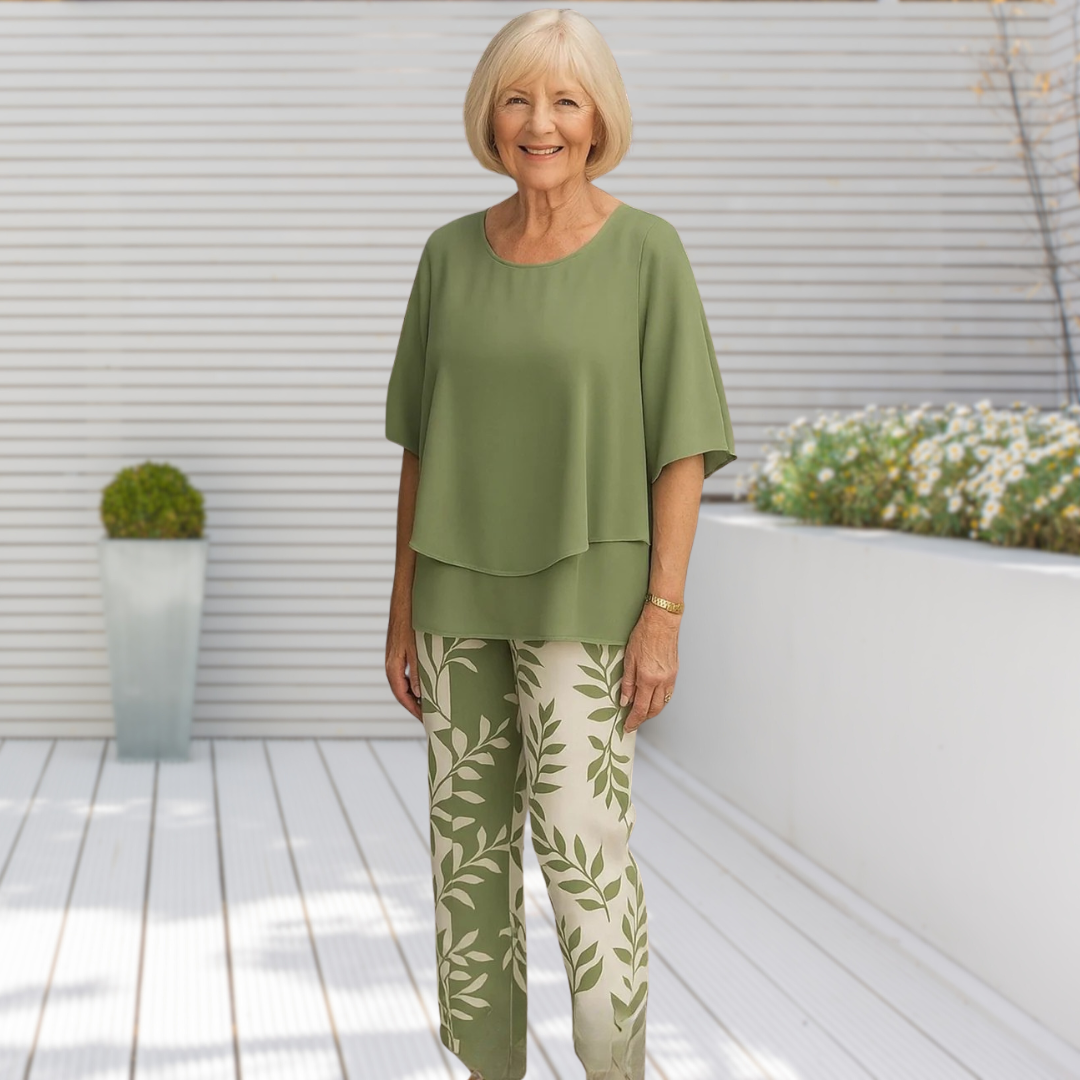 Casira™ – Zestaw Casualowy z Wzorzystymi Spodniami i Bluzką z Okrągłym Dekoltem Dla Kobiet