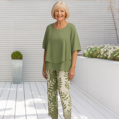 Casira™ – Zestaw Casualowy z Wzorzystymi Spodniami i Bluzką z Okrągłym Dekoltem Dla Kobiet