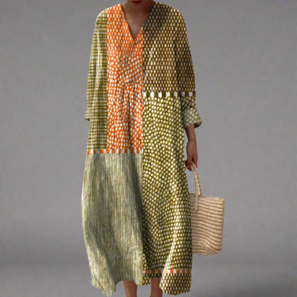 Vivienne™ | Midi Sukienka w Ziemistym Patchworku w Kropki