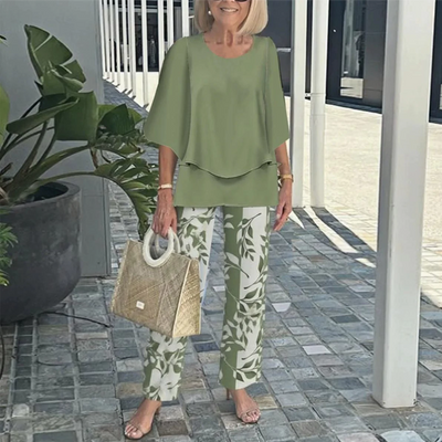 Casira™ – Zestaw Casualowy z Wzorzystymi Spodniami i Bluzką z Okrągłym Dekoltem Dla Kobiet