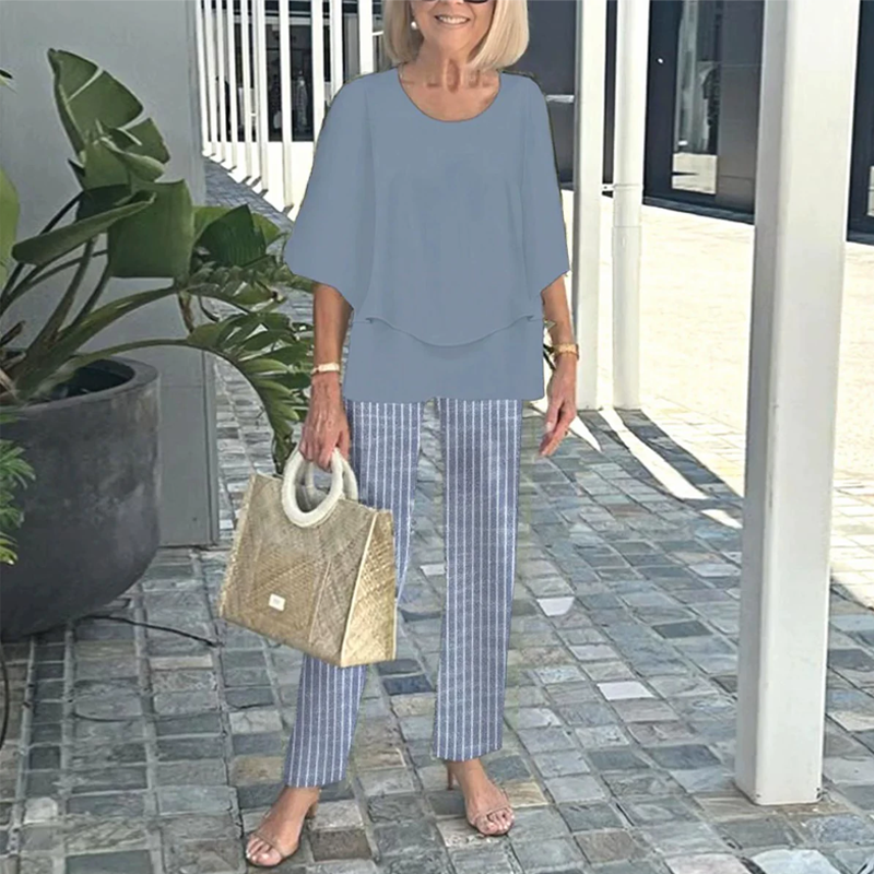 Casira™ – Zestaw Casualowy z Wzorzystymi Spodniami i Bluzką z Okrągłym Dekoltem Dla Kobiet
